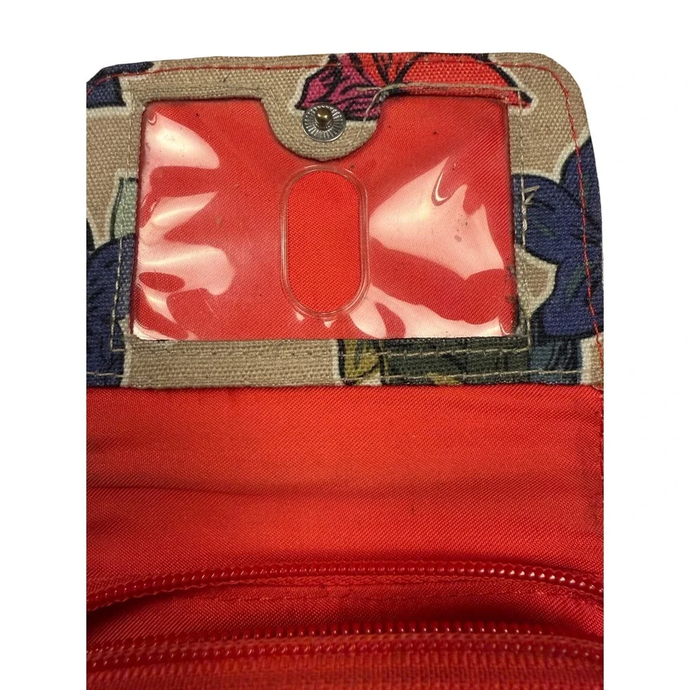 Vera‎ Bradley Floral Canvas Compact Zip Around Wallet Red Tan Small ID Window